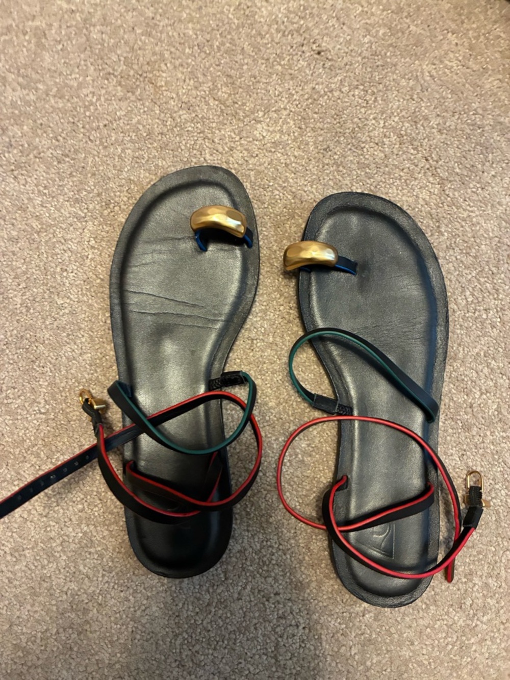 Larroude Biarritz Black Toe-Ring Ankle-Strap Sandals with Gold Accent - Picture 4 of 5